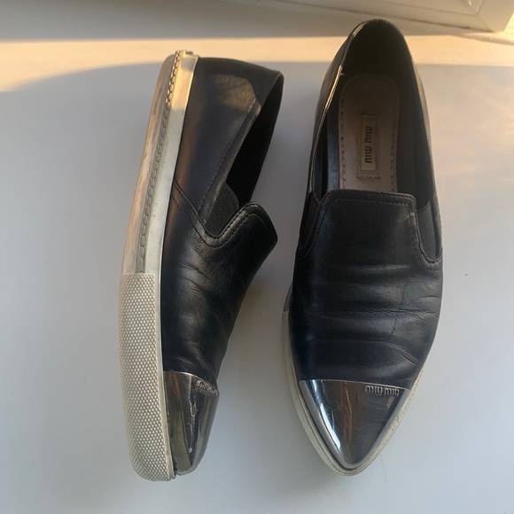 Miu Miu Shoes - Miu Miu Black Leather Slip-On Sneakers with Silver Cap Toe